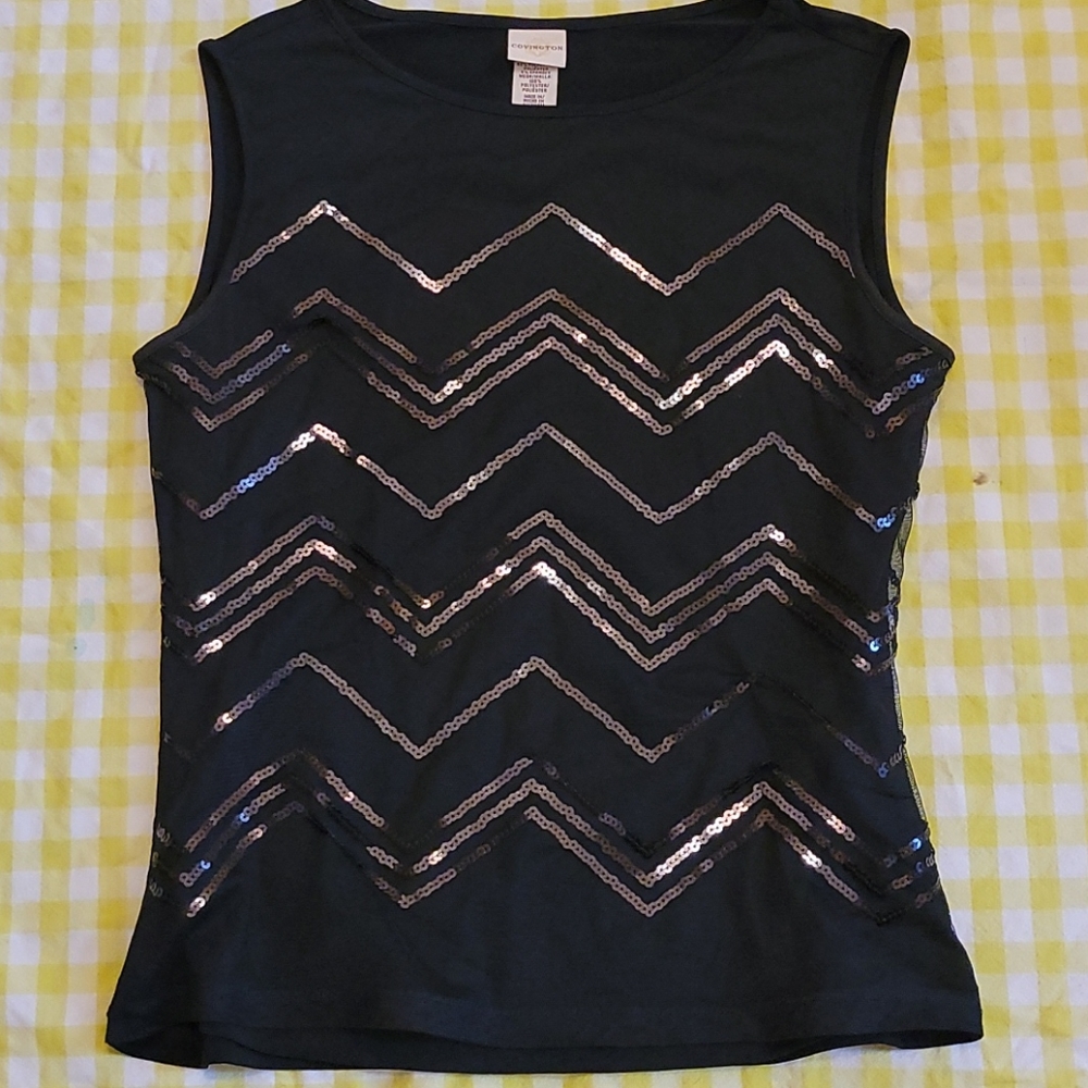 COVINGTON Black Sequin Front Sleeveless Blouse Tan